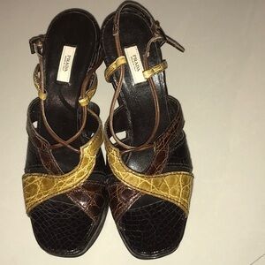 Prada Brown and Yellow Strappy Sandals alligator wedge heel